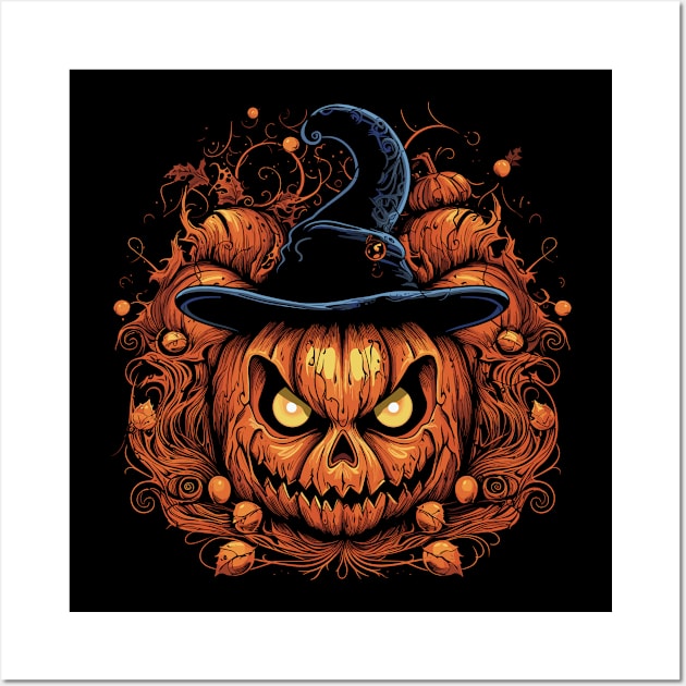 Halloween Pumpkin, Spooky Pumpkin Face, Witch Hat Wall Art by Apocatnipse Meow